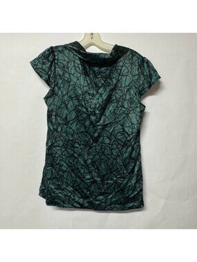 Banana‎ Republic Women's Green Satin Blouse Top Abstract Print Short Sleeve L